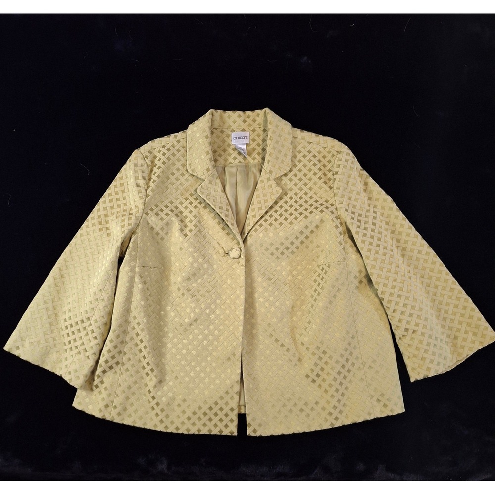 Chicos‎ Womens Large Jacket Blazer Lime Green Geometric 3/4 Sleeve Size 2